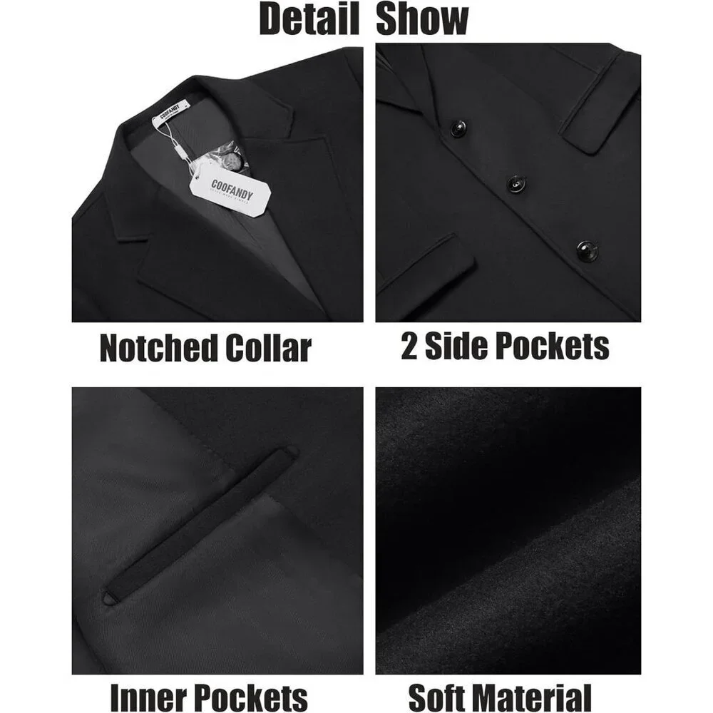 Men's Black Trench Coat Long Casual Notched Collar Wool Blend Pea coat